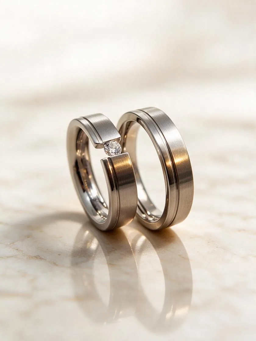 Alianzas de acero con circonita, par de anillos de boda